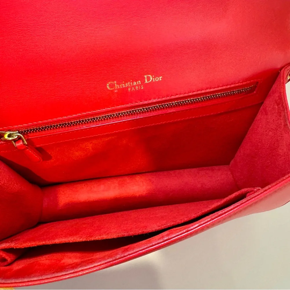 Christian Dior Diorama Red Leather Medium Flap Bag W Gold Studs & Chain Strap